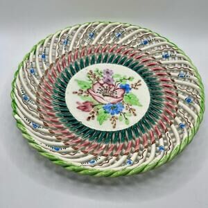 Vintage Goodfriend Majolica Spain Latticed Rope Weave  floral plate